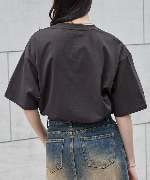 ハートパッチトップス レース ジャージ ブラック 半袖 MONO-MART tシャツ カレッジレオパードパッチロゴ刺繍半袖T