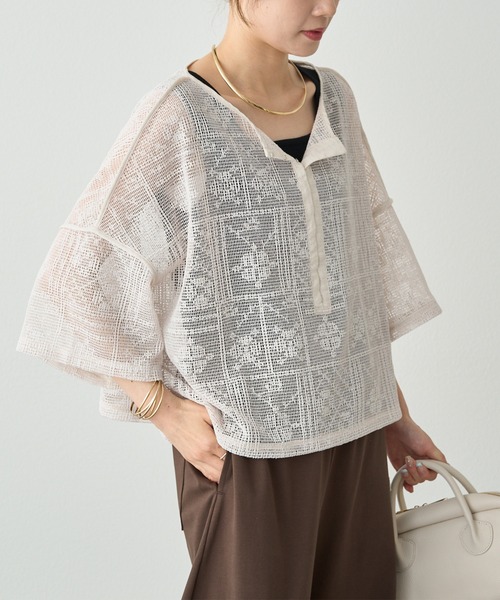 pual ce cin ブラウス シャツ メッシュクロス刺繍ブラウス