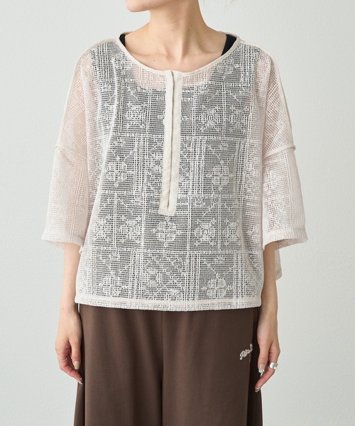pual ce cin ブラウス シャツ メッシュクロス刺繍ブラウス