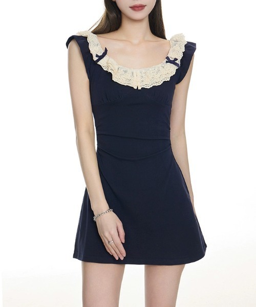 美品 René 38 胸元リボン フリル ノースリーブ ワンピース ネイビー gossip!ロサンゼルス ワンピース 2way レース襟リボンノースリーブミニ