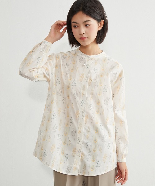 【未使用 タグ付き】NATURAL LAUNDRY リネンブラウス 植物柄 On One's Own リネンシャツ ブラウス シャツ 綿100％ ストライプ風