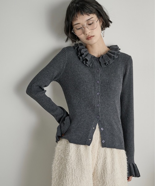 THE Yon カーディガン フリルカラーリブニットカーディガン レディース