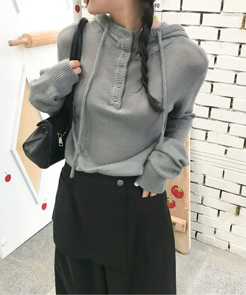 ニット セーター ヘンリーネックフーディーニットトップス レディース