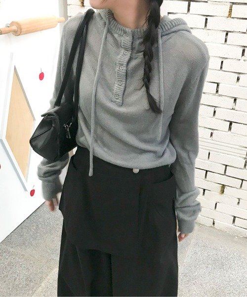 ニット セーター ヘンリーネックフーディーニットトップス レディース