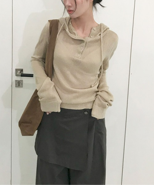 ニット セーター ヘンリーネックフーディーニットトップス レディース