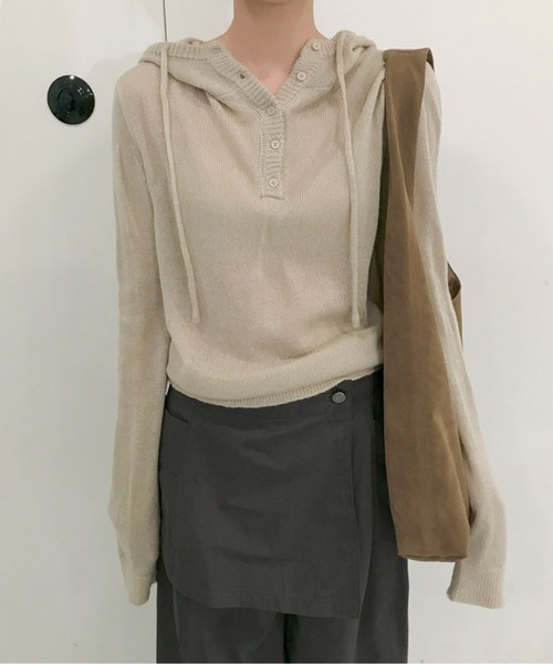 ニット セーター ヘンリーネックフーディーニットトップス レディース