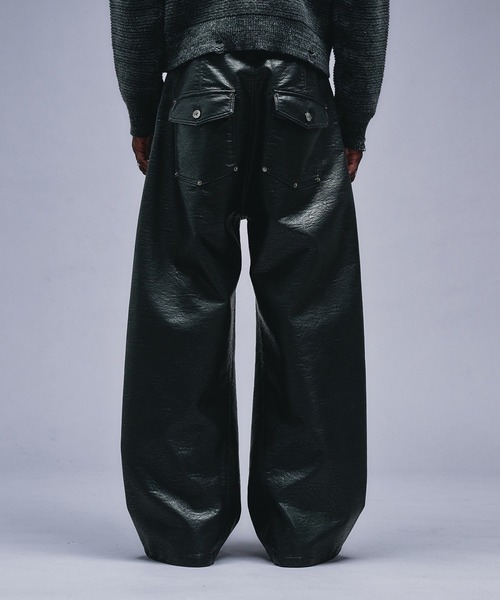 パンツ Leather Trouser 08SIRCUS | SYNTHETIC LEATHER BONDING BELTED PANTS / BLACK