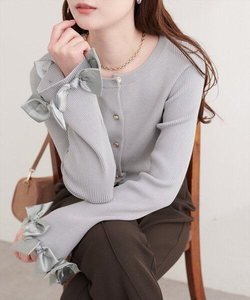 natural couture カーディガン 袖口リボンリブカーデ レディース