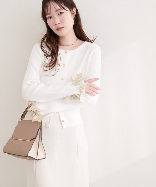 natural couture カーディガン 袖口リボンリブカーデ レディース