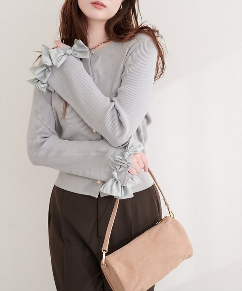 【新品タグ付き】袖口リボンクルーネックカーデ　カーディガン　ナチュ natural couture カーディガン 袖口リボンクルーネックカーデ