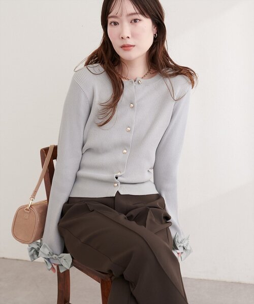 natural couture カーディガン 袖口リボンリブカーデ レディース