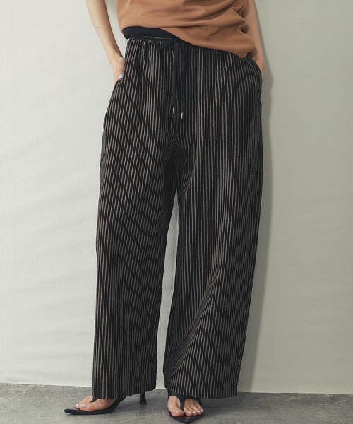 【pas de calais】綿麻ストライプワイドパンツ✴︎ブラック ワイドパンツ パンツ リラクシー綿麻 ストライプワイドパンツ