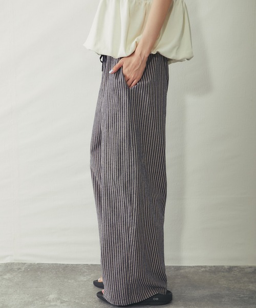 ワイドパンツ パンツ リラクシー綿麻 ストライプワイドパンツ