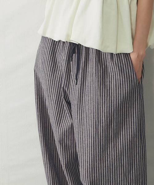 ワイドパンツ パンツ リラクシー綿麻 ストライプワイドパンツ
