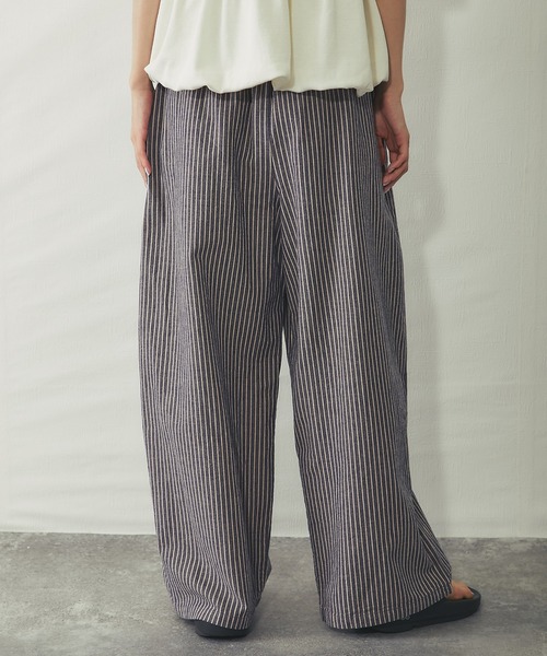 ワイドパンツ パンツ リラクシー綿麻 ストライプワイドパンツ