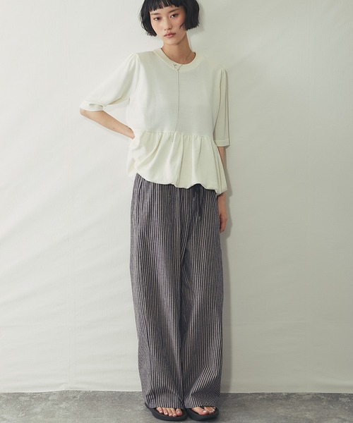 ワイドパンツ パンツ リラクシー綿麻 ストライプワイドパンツ