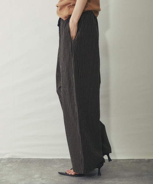 【pas de calais】綿麻ストライプワイドパンツ✴︎ブラック ワイドパンツ パンツ リラクシー綿麻 ストライプワイドパンツ