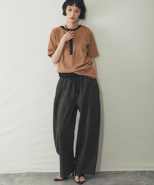 ワイドパンツ パンツ リラクシー綿麻 ストライプワイドパンツ