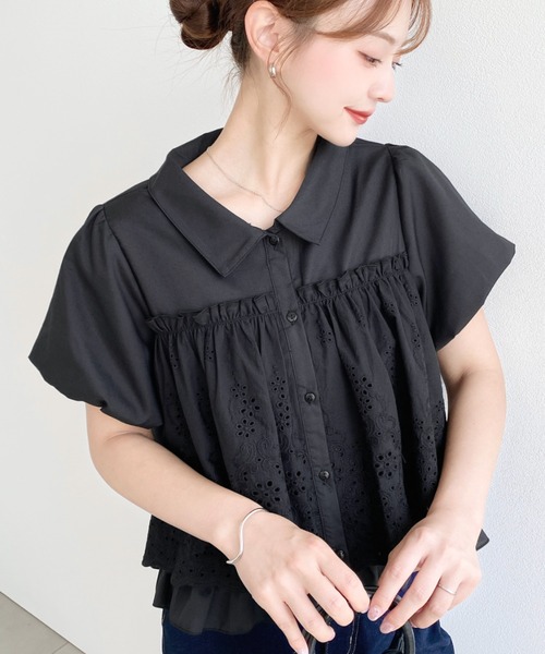 レディース シャツ ブラウス 刺繍 レース 半袖 プルオーバー 綿シャツ 