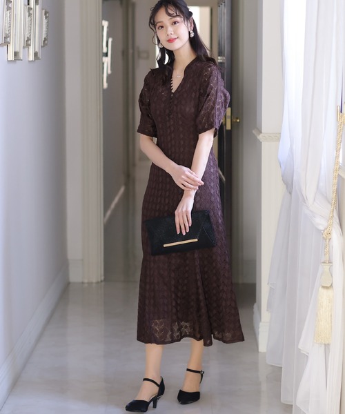 【PourVous】袖あり&ミモレ丈キーネックワンピースドレス　ブラウン　M PourVous ドレス 袖あり＆ミモレ丈 パーティードレス キーネック