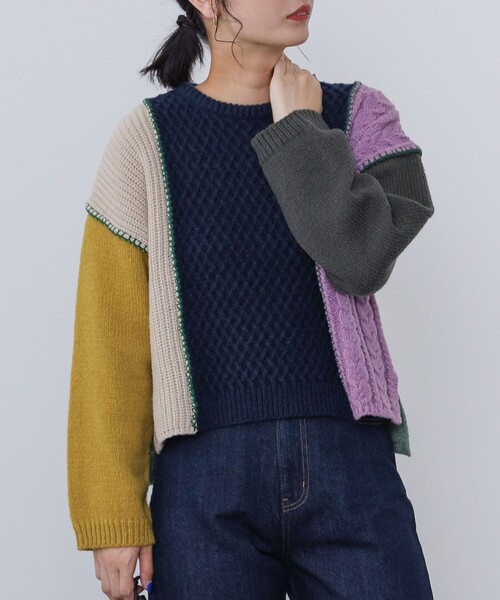 BEAMS HEART ニット セーター パッチワーク配色 プルオーバー