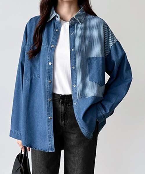 COCOMOMO ブラウス シャツ パッチワーク切替えタンガリーデニムシャツ