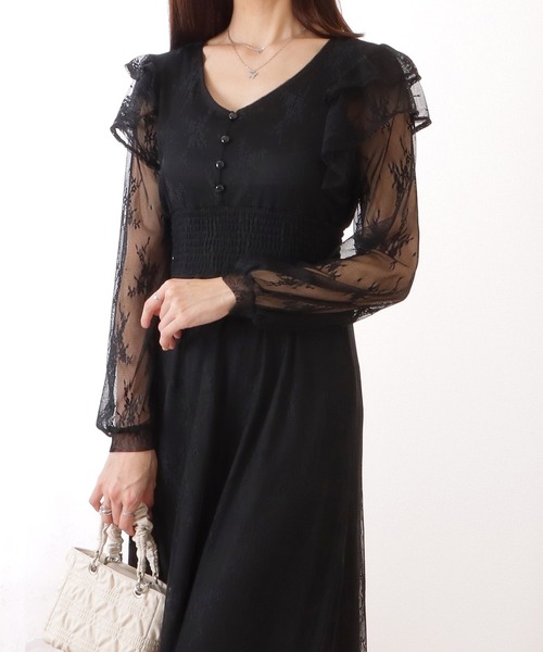 Lace Ladies ワンピース フリル付き フラワー チュール Vネック