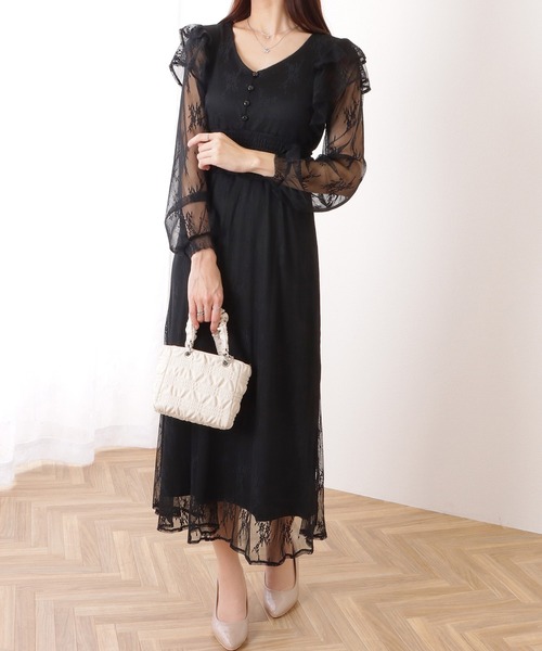 チュールフリル ワンピース ドレス レース Vネック 全2color szp209_1.jpg