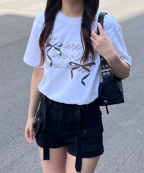 tシャツ フロントリボングラフィックBIG Tシャツ レディース fiere tシャツ リボンガーリー半袖Tシャツ レディース