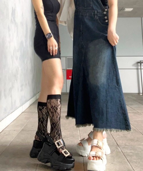 R＆E サンダル 「R＆E」厚底ラバービジューバックルベルト