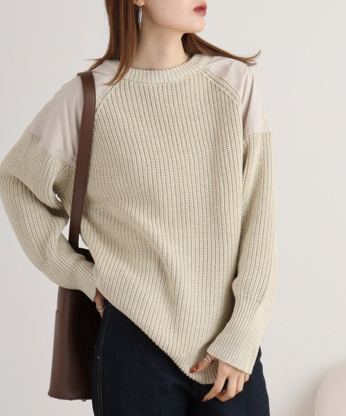 ニット セーター A.N.L ショルダーパッチクルーネックニット レディース ニット セーター A.N.L ショルダーパッチクルーネックニット
