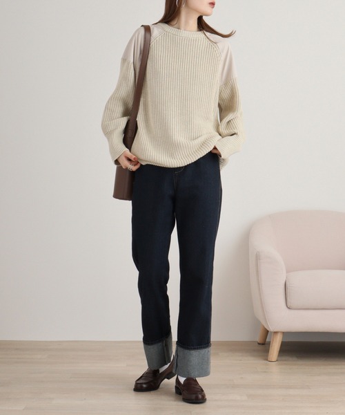 ニット セーター A.N.L ショルダーパッチクルーネックニット レディース ニット セーター A.N.L ショルダーパッチクルーネックニット