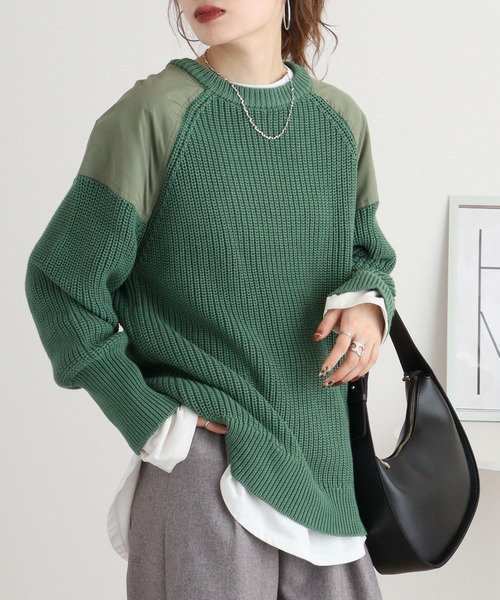 ニット セーター A.N.L ショルダーパッチクルーネックニット レディース ニット セーター A.N.L ショルダーパッチクルーネックニット