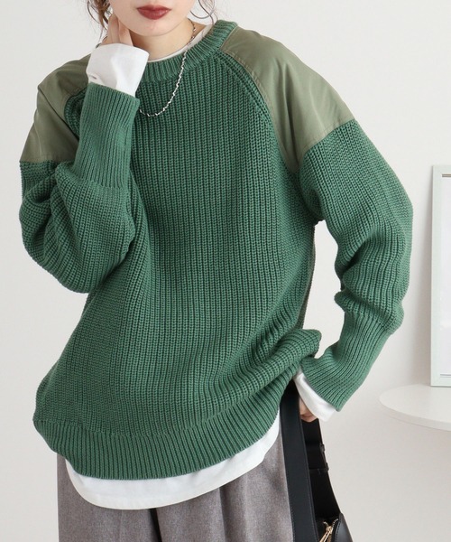 ニット セーター A.N.L ショルダーパッチクルーネックニット レディース ニット セーター A.N.L ショルダーパッチクルーネックニット