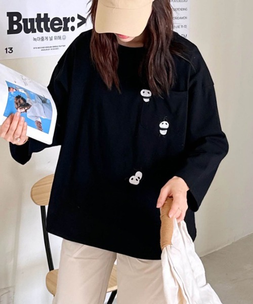 ナチュラル レディース 可愛い 刺繍Tシャツ ペアルック パンダTシャツ パンダ刺繍 トップス 大人 春夏 綿 半袖 コットン 動物 カジュアル t aimoha tシャツ パンダ刺繍ロングスリーブTシャツ レディース
