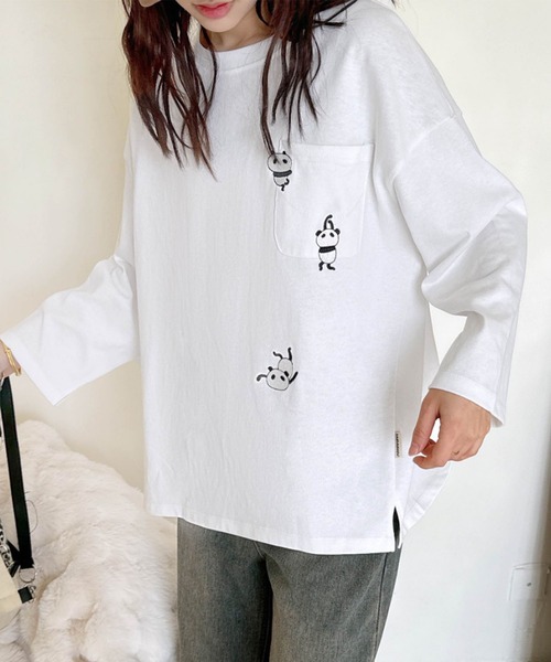 aimoha tシャツ パンダ刺繍ロングスリーブTシャツ レディース
