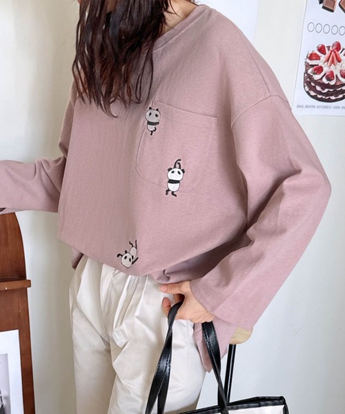 aimoha tシャツ パンダ刺繍ロングスリーブTシャツ レディース