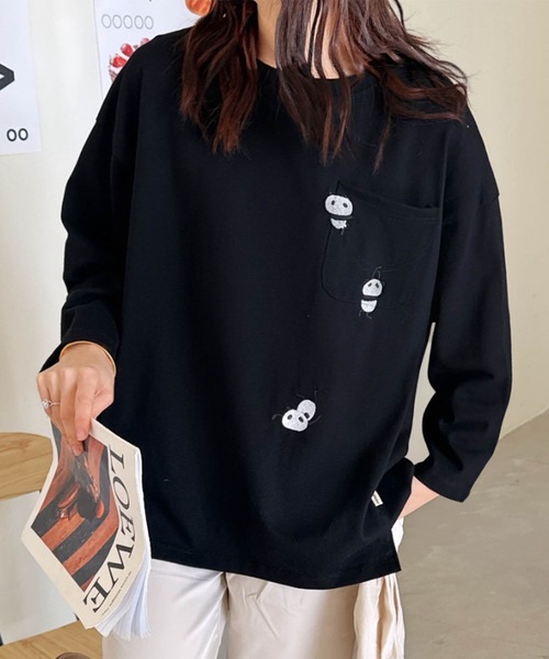 aimoha tシャツ パンダ刺繍ロングスリーブTシャツ レディース