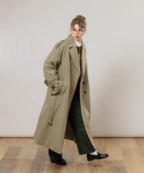 【美品】カシミヤ100% ダブル　チェスターコート　カーキ　日本製 SL】ウールブレンド ラグランダブルチェスターコート/カーキ/RE:NEWOOL