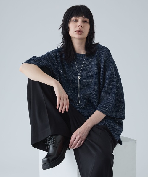 新品未使用 【VELNUS】透かし編みルーズ半袖ラメサマーニット ネイビーL VELNUS セーター ニット 「VELNUS」Watermark knitting loose