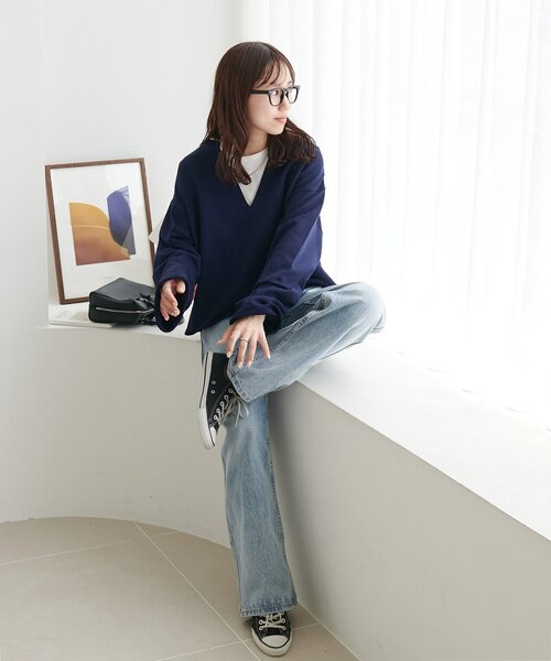 Discoat トレーナー スウェット 裏毛深Vネックプルオーバー レディース