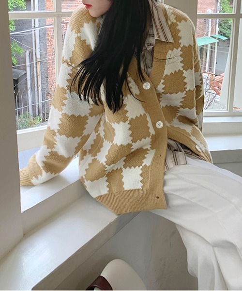 カーディガン ブロックチェック柄ニットカーディガン レディース