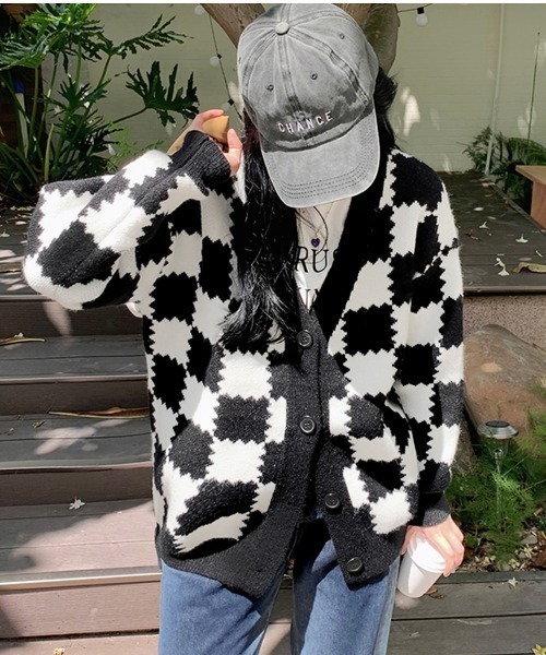 カーディガン ブロックチェック柄ニットカーディガン レディース
