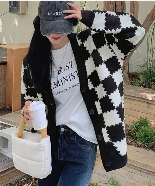 カーディガン ブロックチェック柄ニットカーディガン レディース