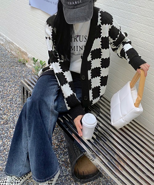カーディガン ブロックチェック柄ニットカーディガン レディース