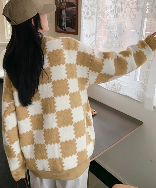 カーディガン ブロックチェック柄ニットカーディガン レディース