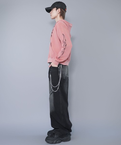00s ジップパーカー ダブルジップ 短丈黒ピンクワッフル生地グランジ y2k BENDER TOKYO パーカー Y2Kグランジ スプレー加工 ダブルジップ
