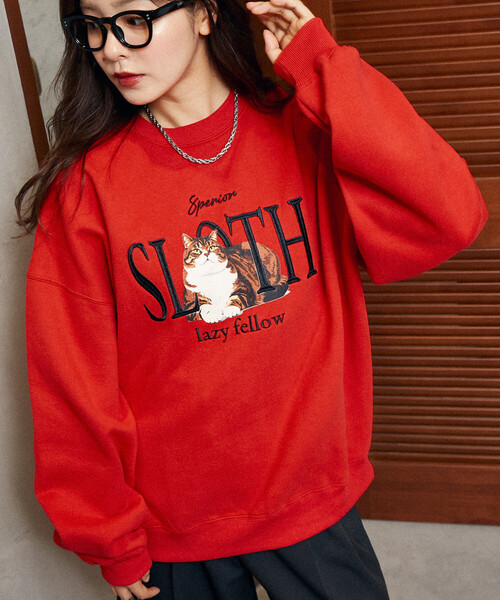 ロングトラックフーズ　BACK ARCH LOGO裏起毛スウェットRED 美品 PUBLUX（パブリュクス） トレーナー スウェット SLOTH キャット 裏起毛