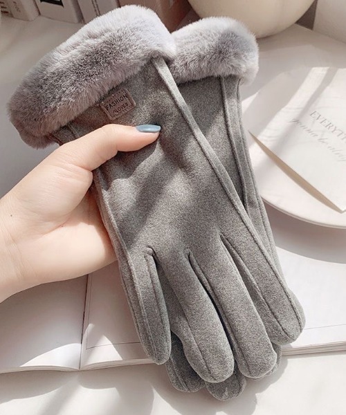 ククル様手袋グレーファー付き pyornim（ピョルニム） 手袋 「スマホ対応」フェイクスウェード ファー
