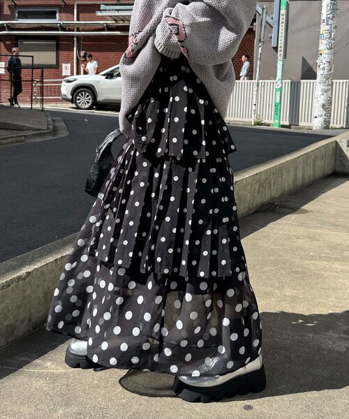 日本製 黒と白の水玉模様プリーツロングスカート プリーツスカート